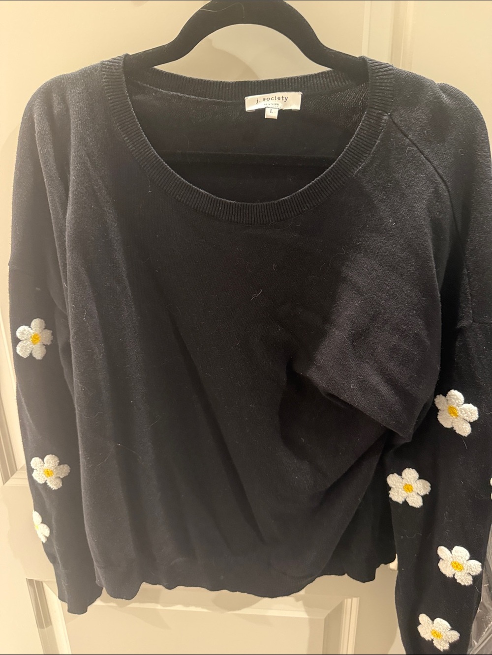 J. Society Black Crewneck Sweater with White Daisy Sleeve Embroidery